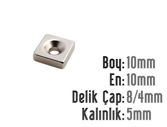 Boy: 10mm - En: 10mm - Delik Çap 8/4 Kalınlık: 5mm Havşalı Mıknatıs