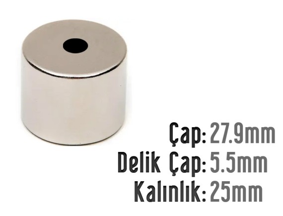 ÇAP 27.9MM X DEL.ÇAPI 5.5MM X KALINLIK 25MM HALKA NEODYUM MIKNATIS 