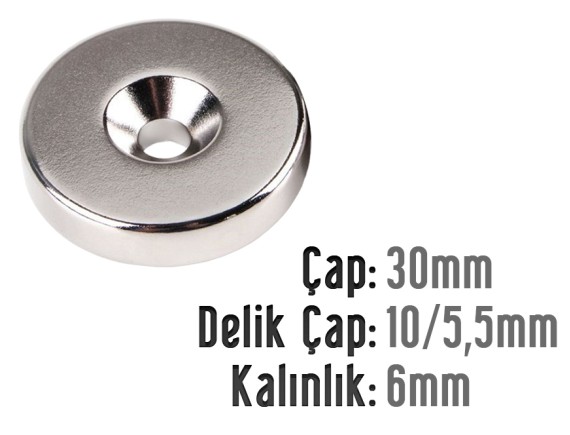 Çap 30mm X Delik çap 10 / 5,5 X Kalınlık 6mm Havşalı Mıknatıs